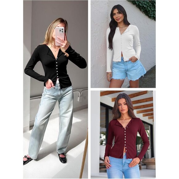 Women's Ribbed Long Sleeve Button-Down Top Fitted Casual Fall Layering - Picture 3 of 8